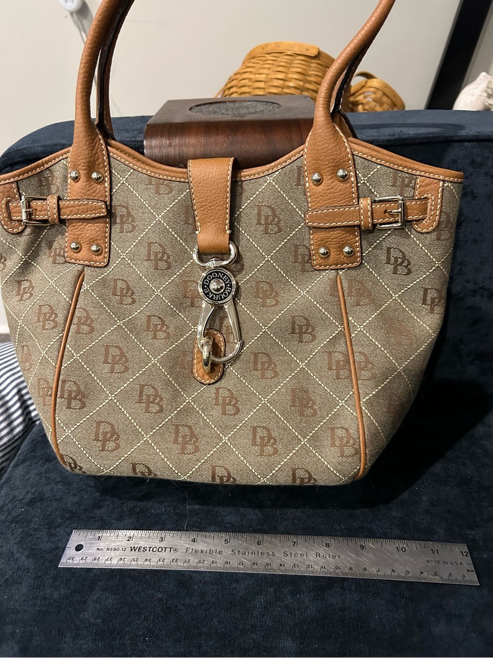 Dooney & Bourke Brown and Tan Signature Canvas Tote with Front Clasp